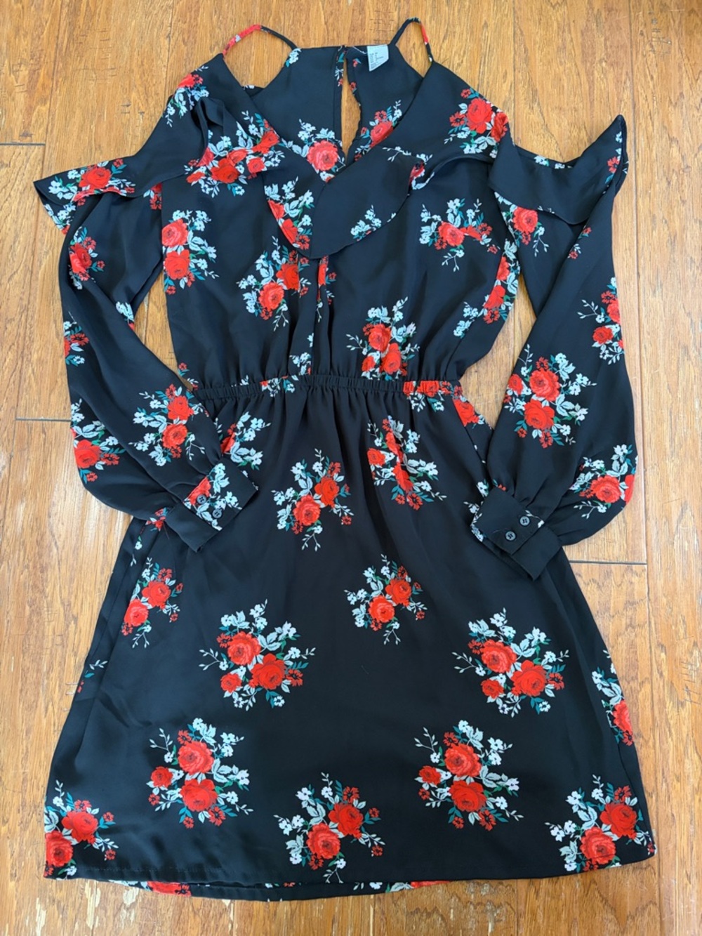 H&M Black Cold-Shoulder Dress with Red Floral Print